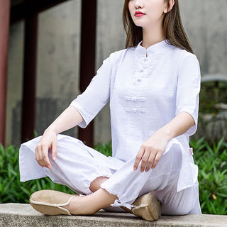 Buddha Gift 2Pcs Half Sleeve Shirt Top Pants Meditation Zen Tai Chi Linen Clothing Women's Set