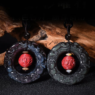 Buddha Gift FengShui Natural Rainbow Obsidian PiXiu Cinnabar Healing Necklace Pendant