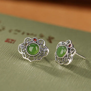 Buddha Gift 925 Sterling Silver Natural Hetian Cyan Jade Hollow Design Luck Ring Earrings Set