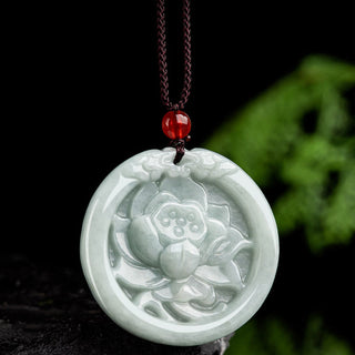 Buddha Gift Natural Jade Lotus Flower Carved Prosperity Necklace Pendant