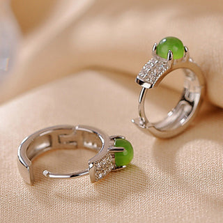 Buddha Gift 925 Sterling Silver Round Cyan Jade Success Stud Earrings