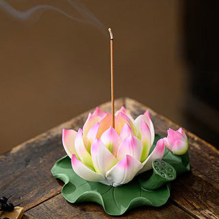 Buddha Gift Lotus Flower Leaf Pod Spiritual Healing Ceramic Stick Incense Burner Decoration