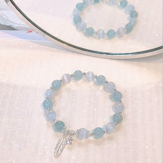 Buddha Gift 925 Sterling Silver Aquamarine Cat's Eye Healing Feather Star Charm Bracelet