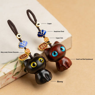 Buddha Gift Small Leaf Red Sandalwood Ebony Wood Lucky Cat Protection Key Chain Phone Hanging Decoration
