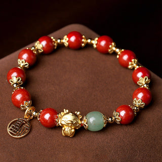 Buddha Gift Year of the Dragon Natural Cinnabar Fu Character Charm Blessing Bracelet