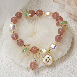 Buddha Gift Strawberry Quartz Lucky Four Leaf Clover Healing Charm Bracelet