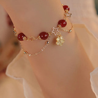 Buddha Gift 14k Gold Plated Red Agate Star Flower Charm Calm Bracelet