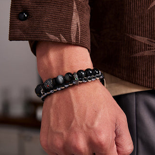 Buddha Gift 925 Sterling Silver Lava Rock Eagle's Eye Stone Lucky Beads Handmade Healing Bracelet