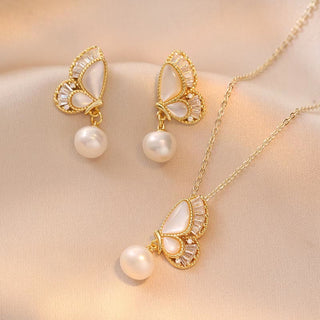 Buddha Gift Tridacna Stone Pearl Bead Butterfly Healing Necklace Pendant Earrings Set