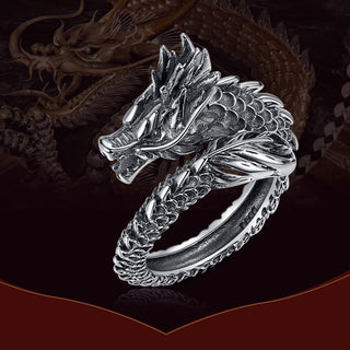 Buddha Gift 925 Sterling Silver Vintage Dragon Success Protection Strength Adjustable Ring