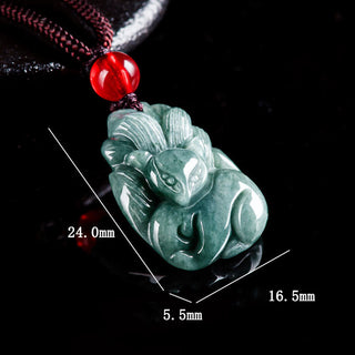 Buddha Gift Natural Green Jade Nine Tailed Fox Engraved Prosperity Necklace Pendant