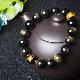 Buddha Gift Chinese Zodiac Natal Buddha Gold Sheen Obsidian Wealth Protection Bracelet