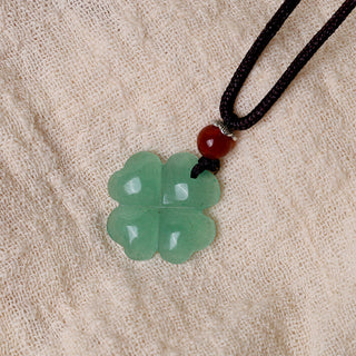 Buddha Gift 925 Sterling Silver Green Aventurine Four Leaf Clover Luck Leather Rope Necklace Pendant