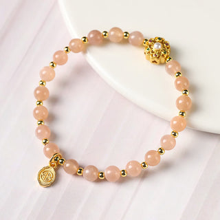Buddha Gift 14K Gold Plated Natural Strawberry Quartz Labradorite Sun Stone Fu Character Positive Charm Bracelet