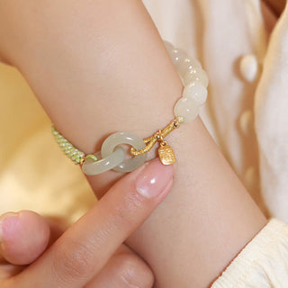 Buddha Gift Natural Hetian Jade Bead Double Peace Buckle Fu Character Abundance Braided Bracelet