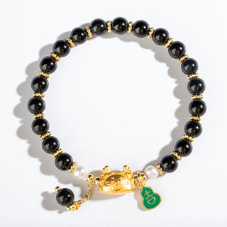Buddha Gift Year Of The Dragon Natural Red Agate Pink Crystal Black Onyx Dumpling Luck Fu Character Bracelet
