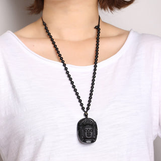 Buddha Gift Natural Black Obsidian Kwan Yin Avalokitesvara Strength String Necklace Pendant
