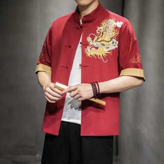 Buddha Gift Frog-Button Chinese Dragon Auspicious Cloud Embroidery Half Sleeve Shirt Cotton Linen Men Clothing