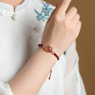 Buddha Gift Handmade Natural Silver Sheen Obsidian Strawberry Quartz Cute Cat Protection Braided Bracelet
