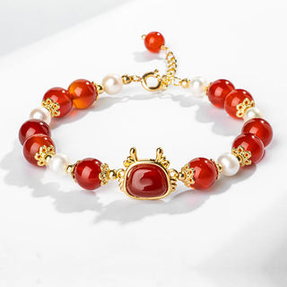 Buddha Gift 14K Gold Plated Year Of The Dragon Natural Red Agate Pearl Protection Fu Character Chain Bracelet (Extra 30% Off | USE CODE: FS30)