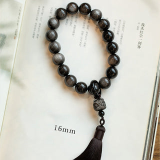 Buddha Gift Natural Silver Sheen Obsidian Black Obsidian Lion Wrist Mala Protection Tassels Pocket Mala Car Decoration