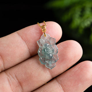 Buddha Gift 18K Gold Natural Jade Lotus Pattern Prosperity Necklace Pendant