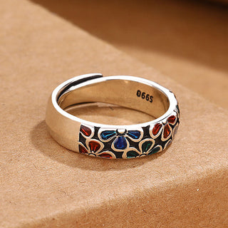 Buddha Gift Colorful Plum Blossoms Design Healing Copper Adjustable Ring