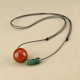 Buddha Gift Red Agate Green Aventurine Green Bodhi Seed Bead Calm Leather Rope Necklace Pendant
