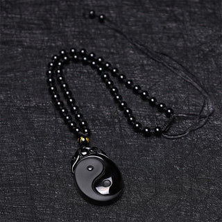 Buddha Gift Natural Black Obsidian Yin Yang Fulfilment Strength Necklace Pendant