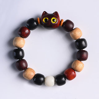 Buddha Gift Small Leaf Red Sandalwood Ebony Wood Cute Cat Engraved Protection Bracelet