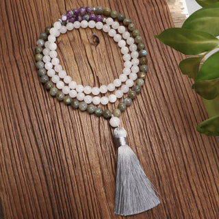 Buddha Gift 108 Mala Beads White Agate Amethyst Black Glitter Stone Protection Bracelet