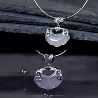 Buddha Gift 925 Sterling Silver Natural Chalcedony Lock of Good Wishes Koi Fish Luck Necklace Pendant