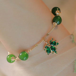 Buddha Gift 14k Gold Plated Green Chalcedony Maple Leaf Courage Strength Bracelet