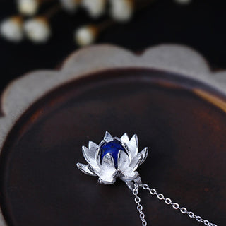 Buddha Gift 925 Sterling Silver Lazurite Lotus Flower Self Care Necklace Pendant