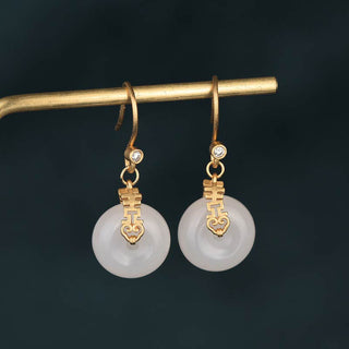 Buddha Gift White Jade Double Happiness Fortune Earrings