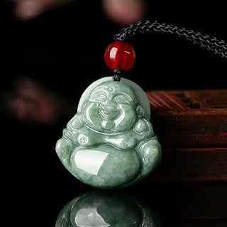 Buddha Gift Natural Green Jade Laughing Buddha Luck Abundance Necklace Pendant