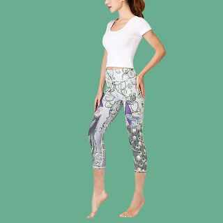 Buddha Gift Lotus Cherry Blossom Gradient Peacock Print Lycra Fabric Sports Cropped Leggings Women's Yoga Capri Pants
