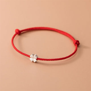 Buddha Gift 925 Sterling Silver Four Leaf Clover Red Rope Bracelet