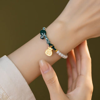 Buddha Gift 925 Sterling Silver Fu Character Lucky Bag Pearl Hetian Jade Wisdom Rope Bracelet