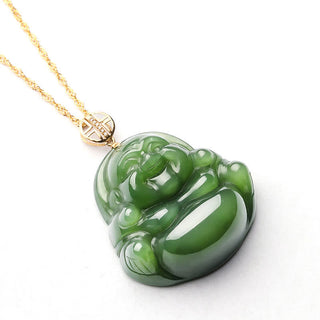 Buddha Gift 925 Sterling Silver Laughing Buddha Hetian Cyan Jade 18K Gold Success Necklace Chain Pendant