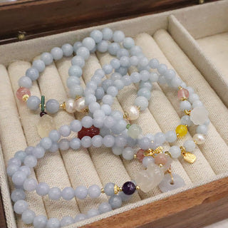 Buddha Gift Natural Aquamarine Chalcedony Serenity Rabbit Gourd Cat Charm Bracelet