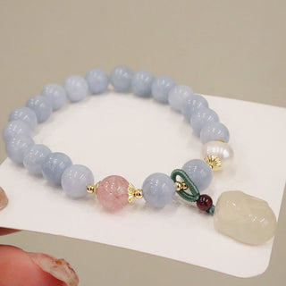 Buddha Gift Natural Aquamarine Chalcedony Serenity Rabbit Gourd Cat Charm Bracelet