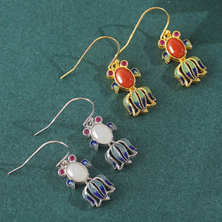 Buddha Gift 925 Sterling Silver Hetian White Jade Red Agate Cute Fish Happiness Drop Earrings