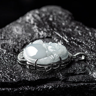 Buddha Gift 925 Sterling Silver Laughing Buddha Natural Jade Abundance Necklace Pendant