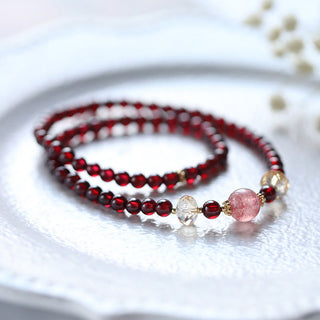 Buddha Gift 14K Gold Plated Natural Garnet Strawberry Quartz Stability Double Wrap Bracelet
