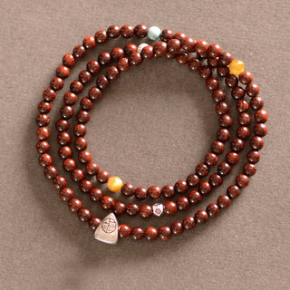 Buddha Gift 925 Sterling Silver Indian Small Leaf Red Sandalwood Fu Character Protection Triple Wrap Bracelet