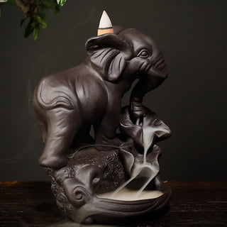 Buddha Gift Tibetan Elephant Purple Clay Backflow Smoke Fountain Peace Healing Incense Burner Decoration