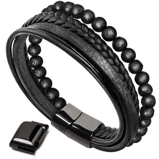 Buddha Gift Natural Lava Rock Black Onyx Bead Leather Bracelet