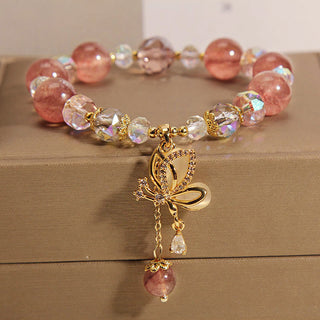 Buddha Gift Natural Strawberry Quartz Healing Positive Butterfly Charm Bracelet
