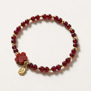 Buddha Gift 14K Gold Natural Garnet Cinnabar Flower Calm Bracelet